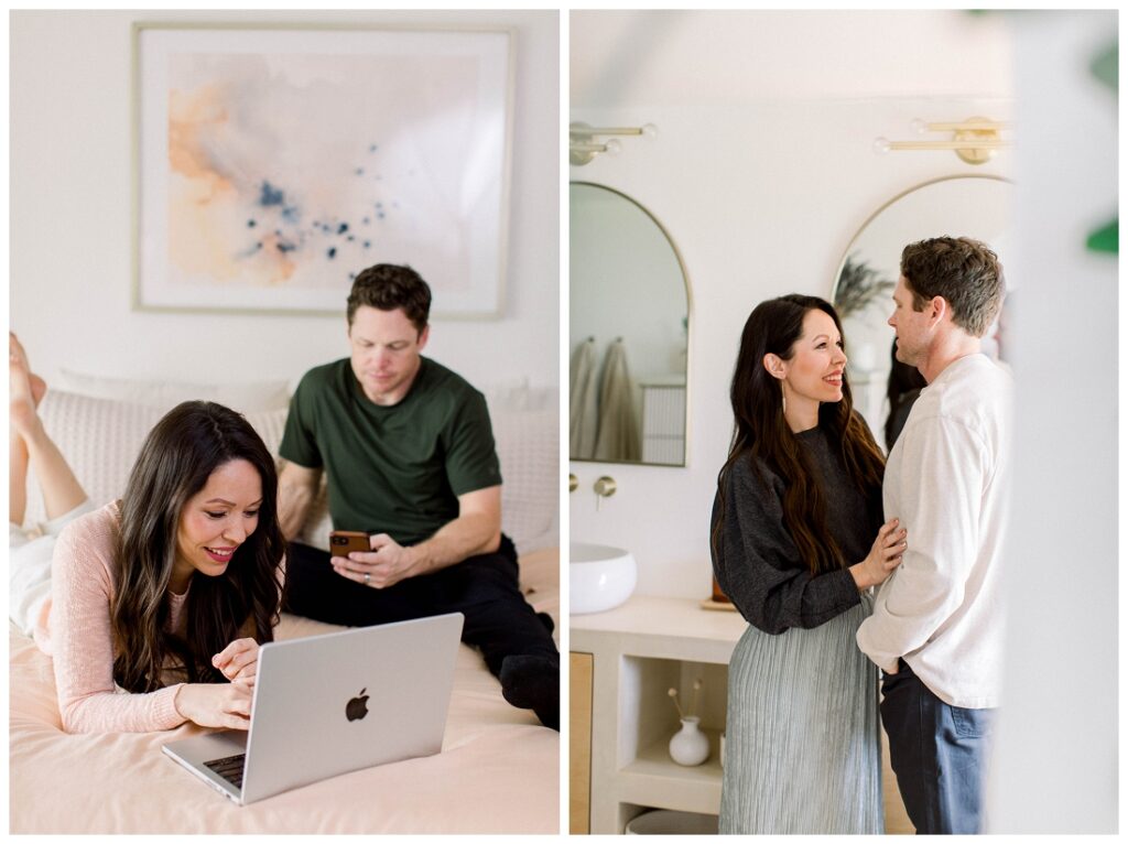 Arizona Brand Photographer couple looks at laptop in bed.