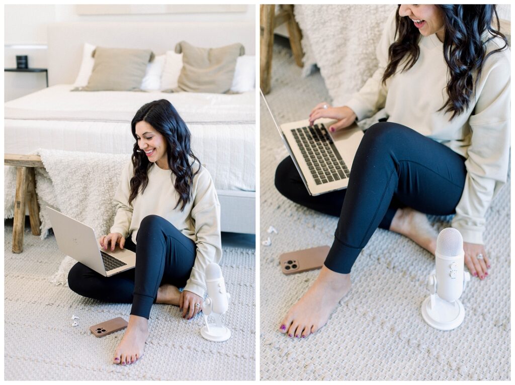Denise Karis Brand Photography Arizona woman sits on bedroom floor with laptop open