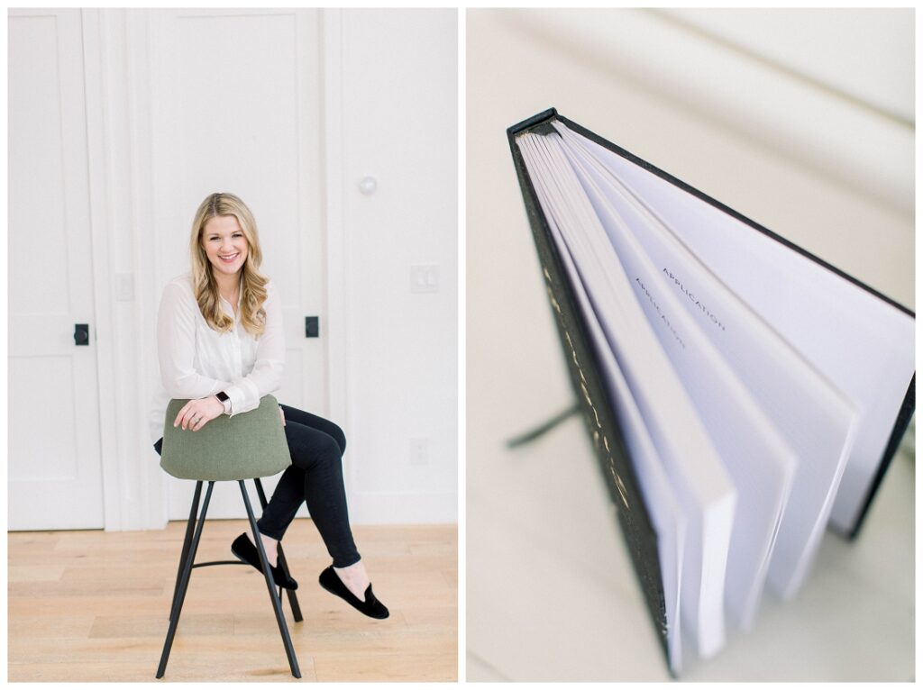 Denise Karis brand photography woman in white top sits on a stool, to her right, an image of a planner