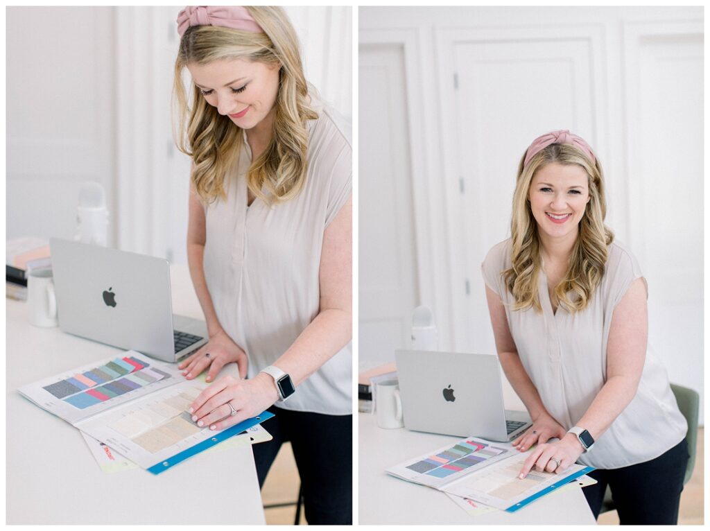 Denise Karis brand photography woman in a white top and pink headband reviewing a color catalog at a counter 