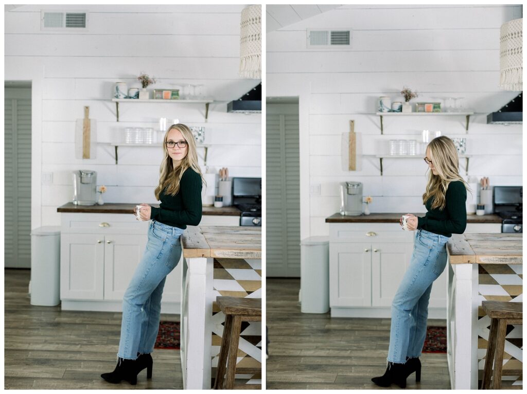 Denise Karis Brand Photography Woman wearing jeans standing in a kitchen holding a mug of coffee