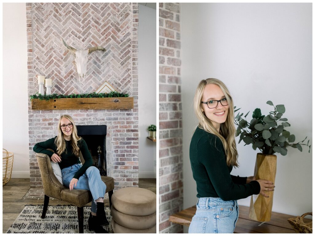 Denise Karis Brand Photography Woman sitting in chair in front of a brick fireplace