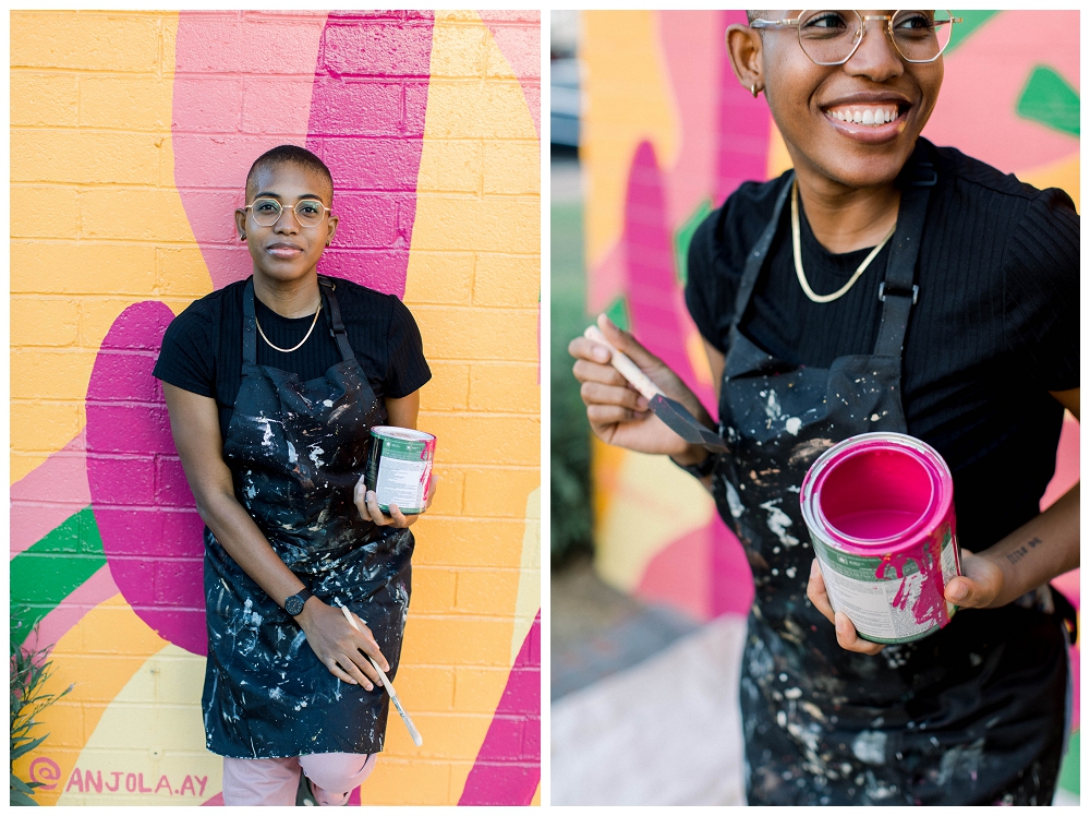 Two side by side images of a woman in a painters apron holding a small pink paint can and standing in front of a large painted mural