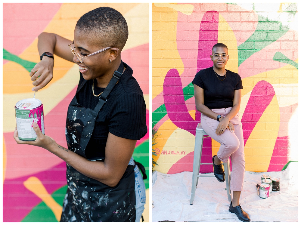 Two images side by side of a woman standing in a painters apron standing in front of a mural she painted. 