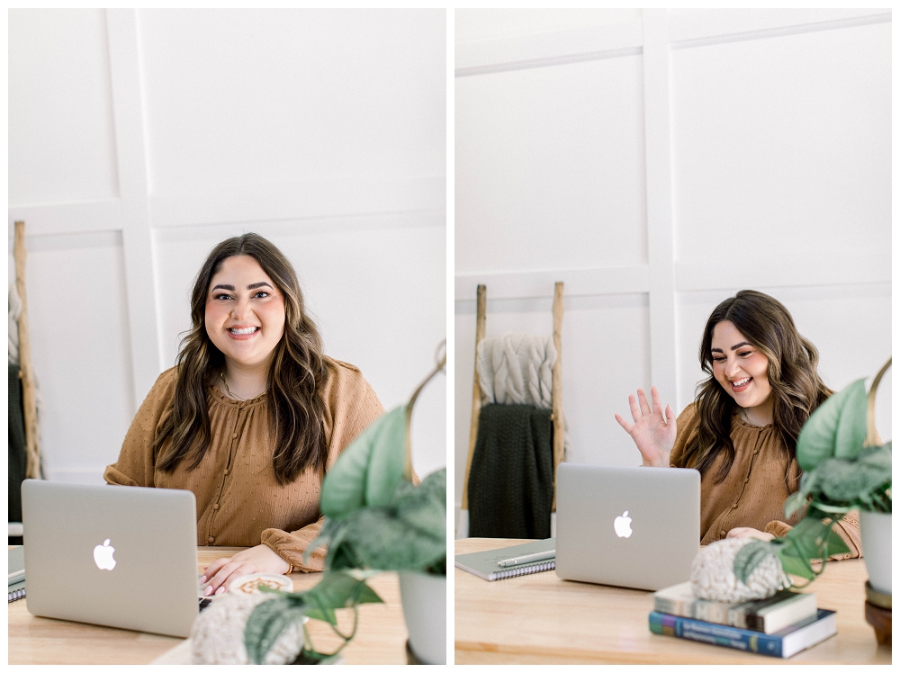 Two images , each of a woman wearing a mustard colored sweater sitting in front of a laptop. 