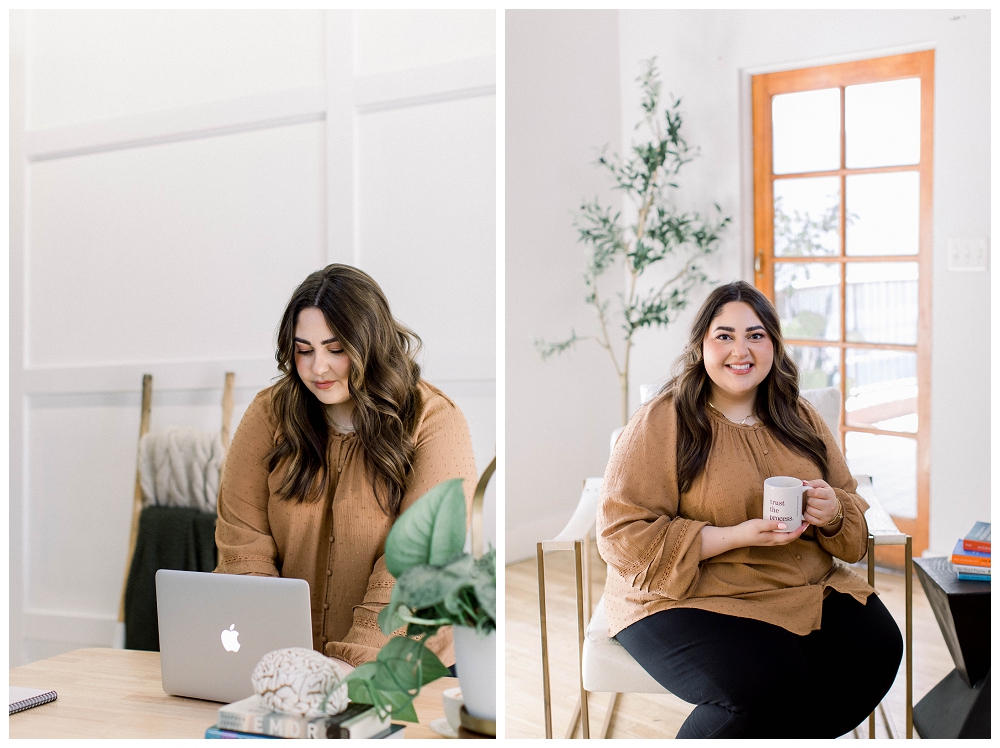 Two photos, one of a woman in a mustard colored top types on a laptop in front of a desk, and the same woman holds a cup of coffee and sits in a chair in the same office. 