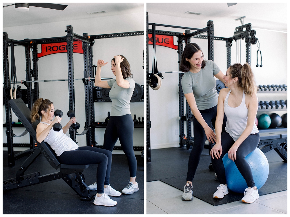 Two images, in both images, a physical therapist/trainer helps a woman exercise in a gym setting. 
