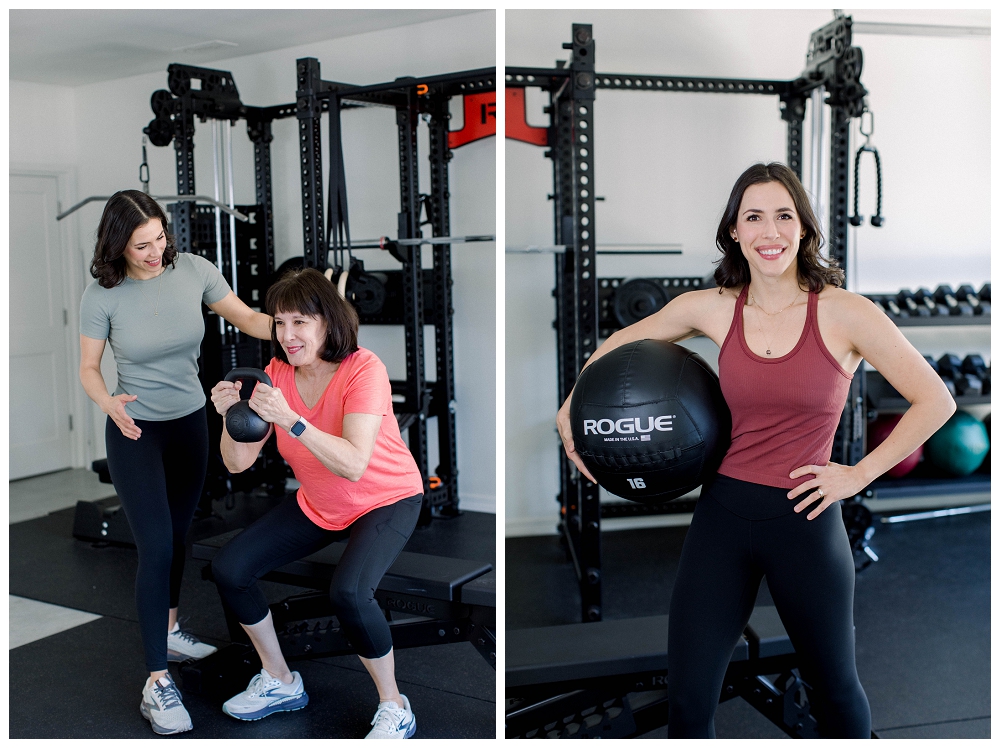 Two images. In the left image, a physical therapist helps a woman with an exercise in a gym setting. In the second image, the physical therapist holds an exercise ball in a gym setting. 
