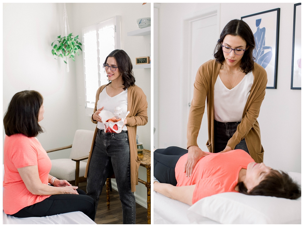 Two images, in the first A physical therapist shows a model of a pelvis to a patient in a medical setting. In the second the therapist feels the stomach of a patient while the patient is lying on a treatment table. 