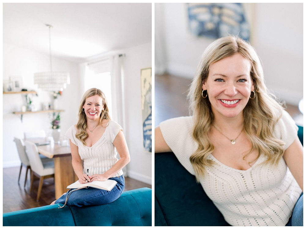 Branding portrait of a woman sitting on a sofa 