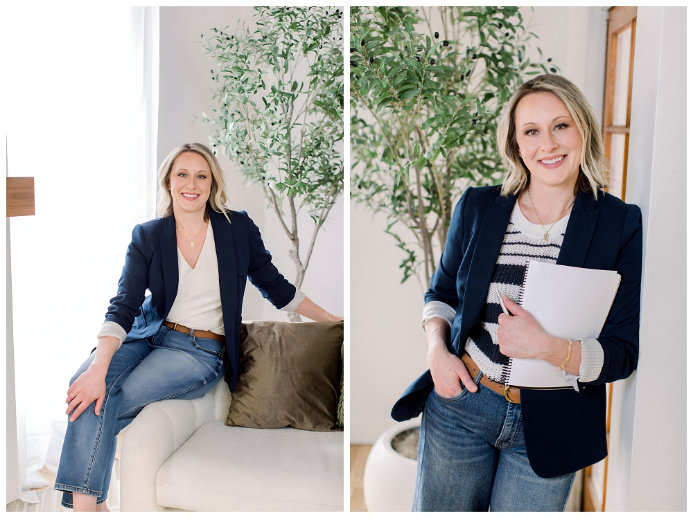 Twoimages. In the left one, a woman in a navy blazer and jeans sits on the arm of a sofa and smiles at the camera. On the right, she leans against a door and has a folder or notebook carried in her arm. 