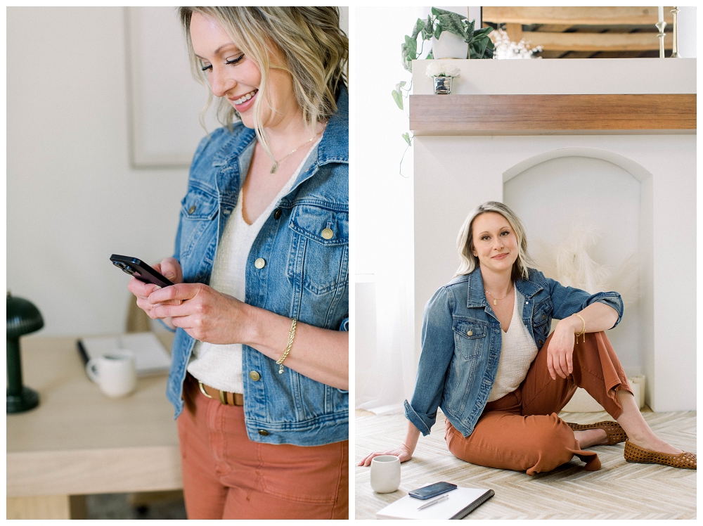 Arizona brand photography. Two images, in the image on the left, a woman in a denim jacket and orange pants holds a cell phone. In the second image, she sits on the floor in front of a fireplace smiling at the camera. 