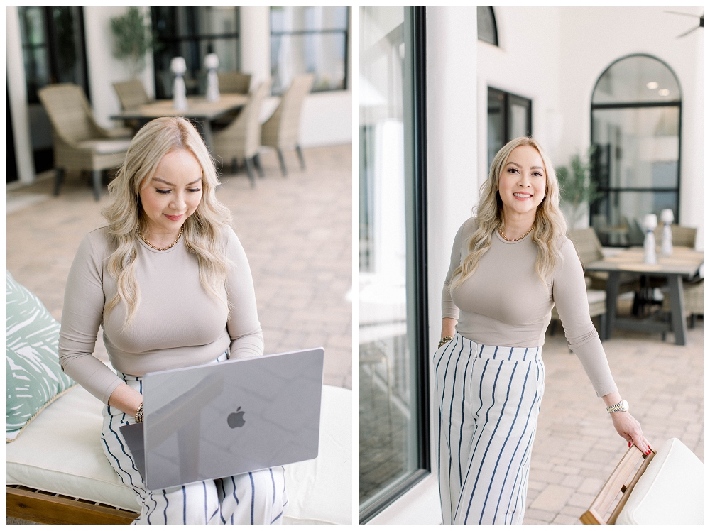 Two images together, a woman in a beige top and stripped pants sits on a chair outdoors and types on a laptop. In the second image, she is leaning against the back of the chair and smiling at the camera. 