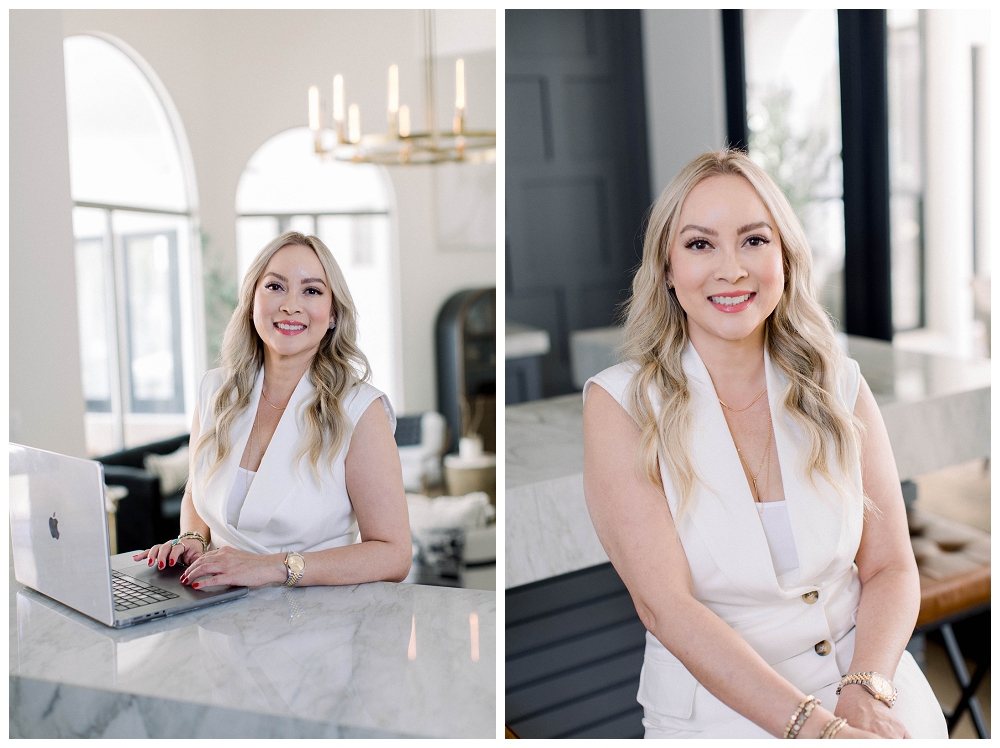 Two images together. A woman wearing white sits at a desk with a laptop in front of her. In the other image she smiles at the camera. 