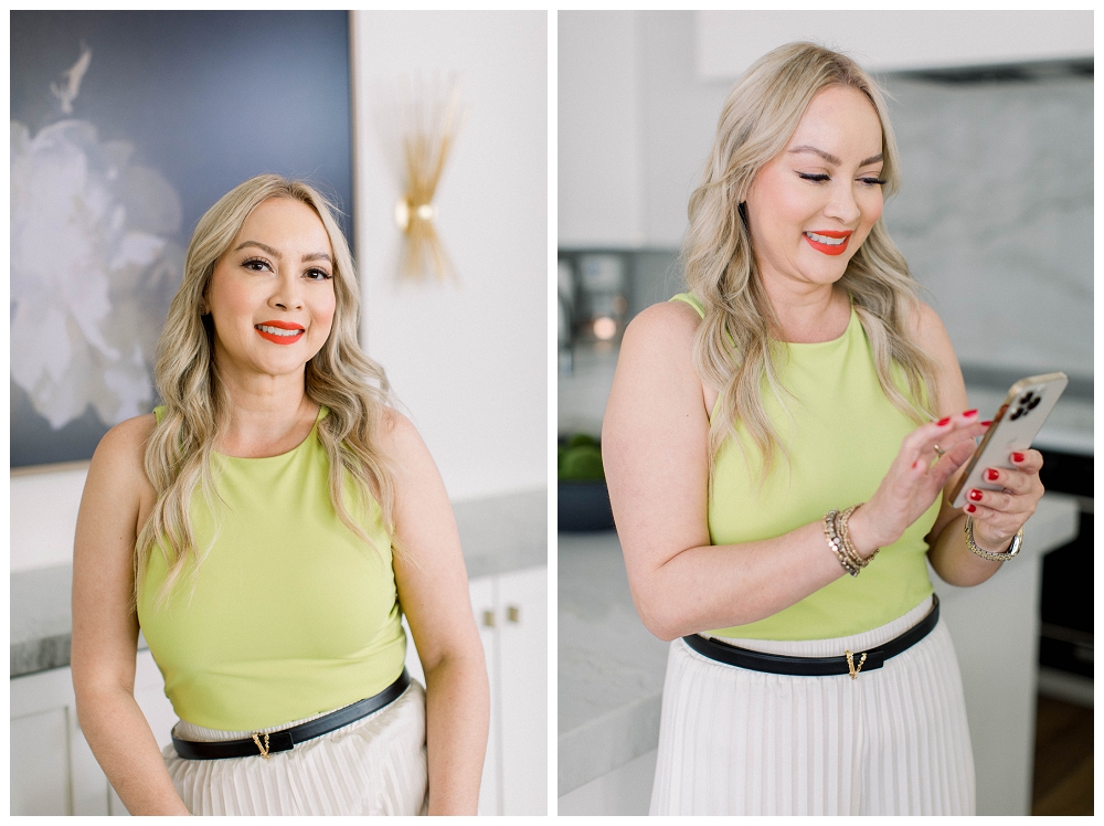 Two images together of a woman wearing a green top and white pants smiling at the camera. In the second image, she scrolls on a phone. 