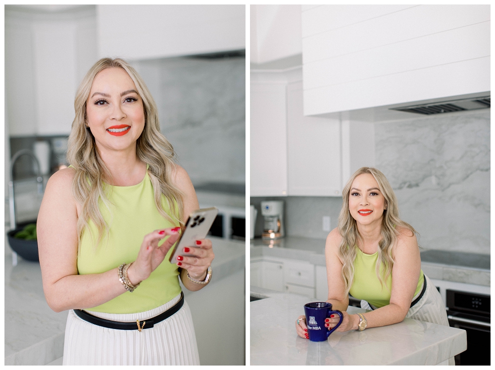 Two images of of a woman wearing a green top and white pants. In one image she holds a phone and smiles at the camera. In the other image, she holds a coffee cup and leans on a kitchen counter. 