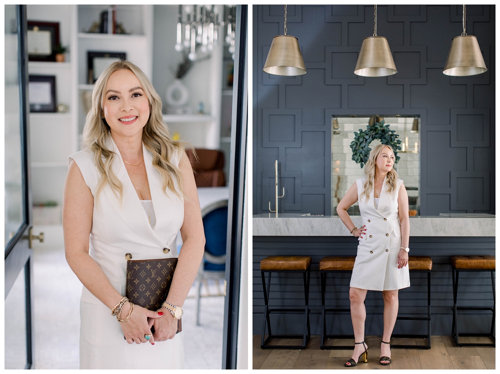 Two images - in one image a woman wearing a white business dress holds a notebook and smiles at the camera. In the other image she stands in front of a luxury bar with navy walls and leather stools.