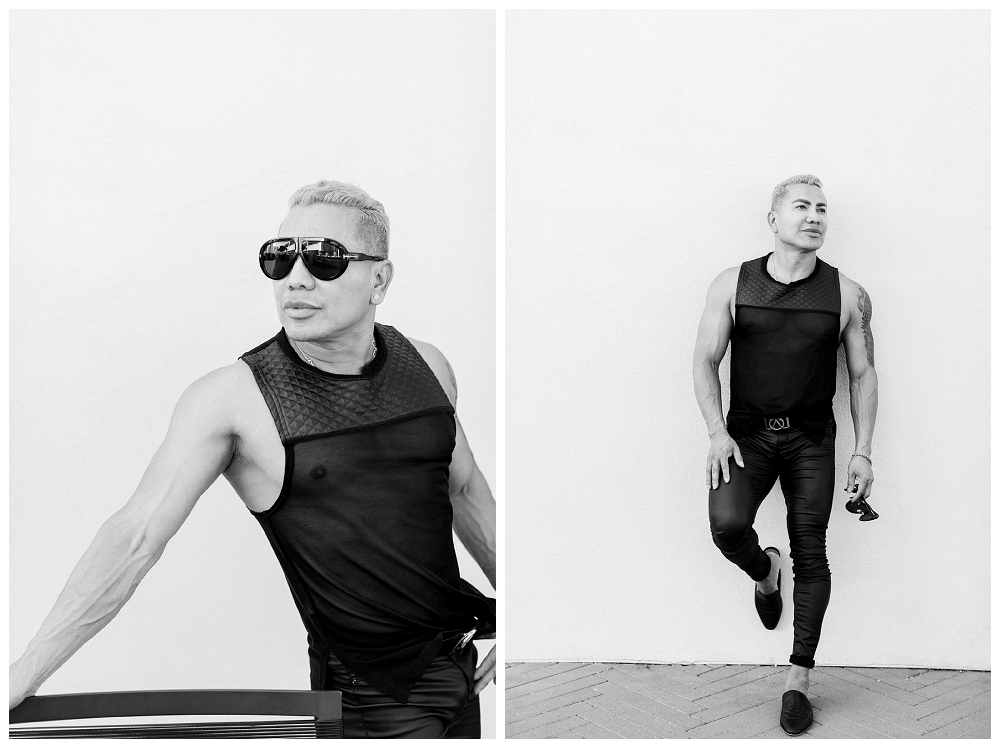 Two black and white images of a man wearing a black mesh tank top and black pants and sun glasses poses against a white wall.