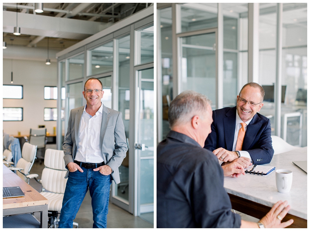 Two images of a man in a business setting. In one image he stands in a grey blazer and jeans in front of a desk, in another image he wears a dark suit and sits at a table with a client in the foreground. 
