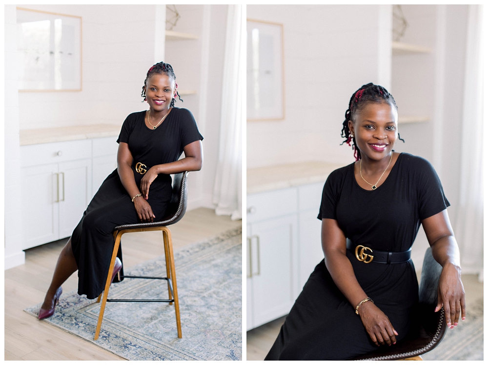 Two images, in each a woman in a long navy dress sits on a stool and smiles at the camera. 