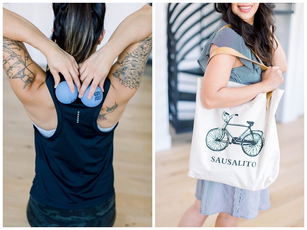 Branding portrait- one image a woman holds back roller balls behind her, in another a woman carries a canvas tote bag. 