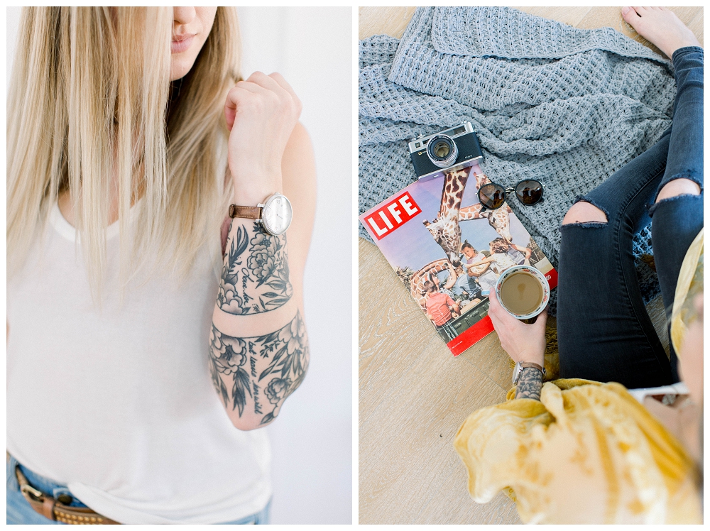 Branding portrait in one image, a woman shows off her arm tattoo, in another she sits on the floor with a life magazine next to her. 