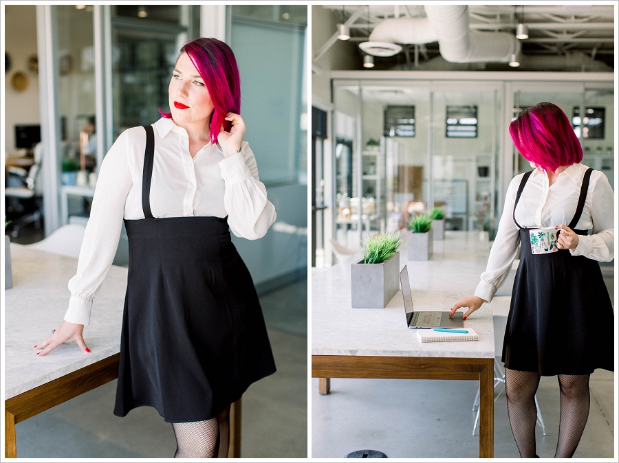 Woman with pink hair in an office
