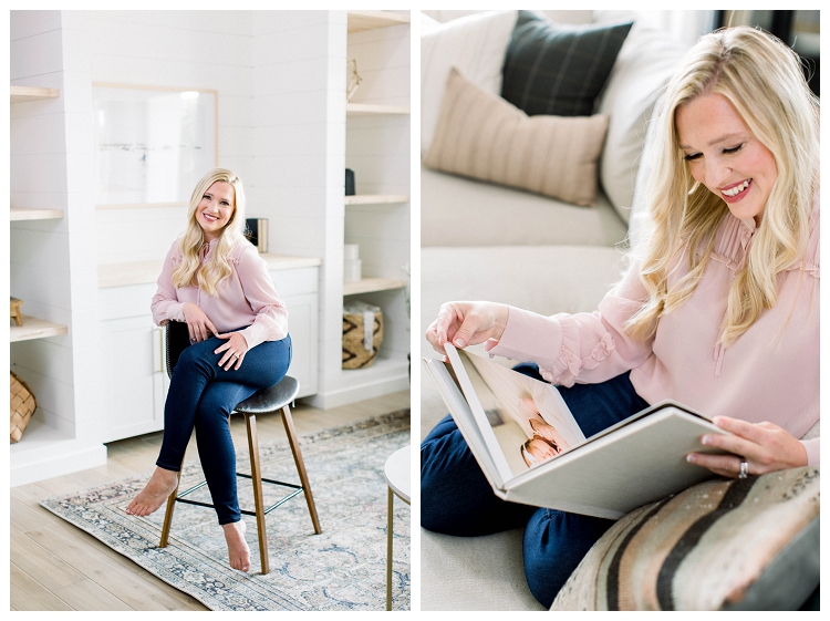 a woman sitting at a stool and the same woman in a second photo looking at a photo album Arizona Brand Photographer Denise Karis 